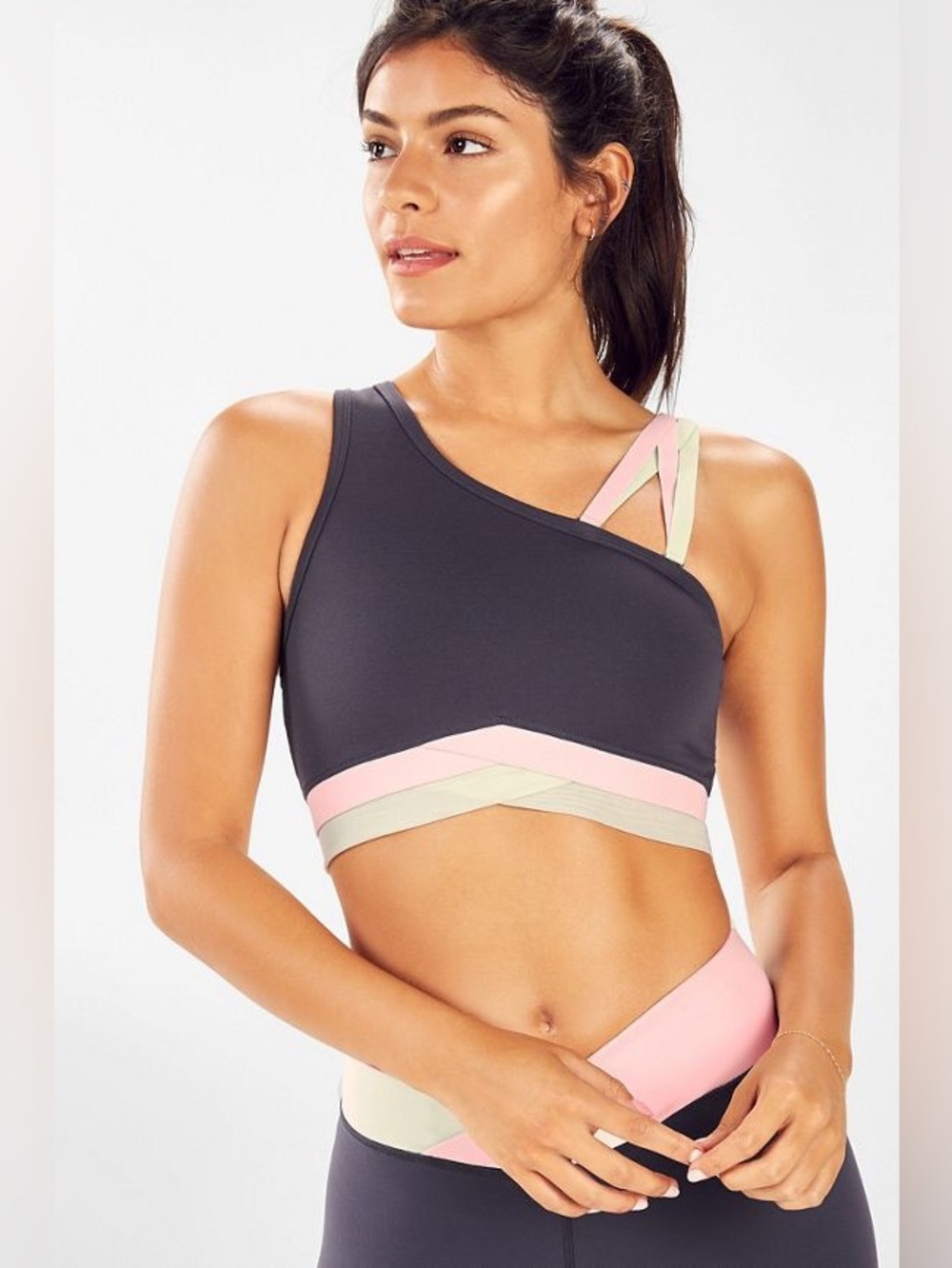 Fabletics Winn Low Impact One Shoulder Sports Bra Pewter Bliss Pink Green Mist